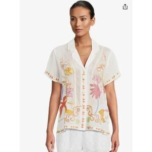 Johnny Was Piper Applique Shirt Embroidered Boho Button Front Sheer Blouse S NWT